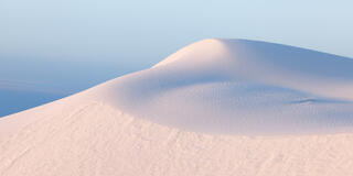 A sand dune at sunrise with a long swooping line and soft light lighting it up.