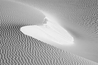A black and white image of a sand dune with a prominent s-curve to it. 