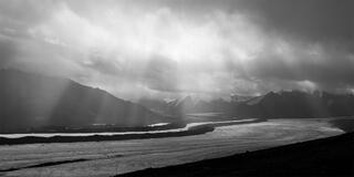 God beams coming down through the clouds over the Russel glacier. 