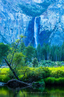 Bridal Veil Falls in Yosemite in the summer on a calm cool morning. 