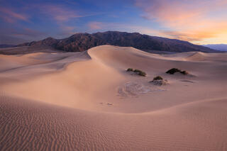 A large c curve shaped sand dune with a lovely sunset. 