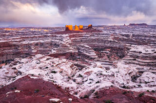 Large hoodoo-like structures stand in a maze of white and red canyons. These structures are called chocolate drops and are in the Maze District