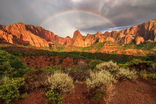 A double rainbow over the canyons of Kolob in Zion National Park