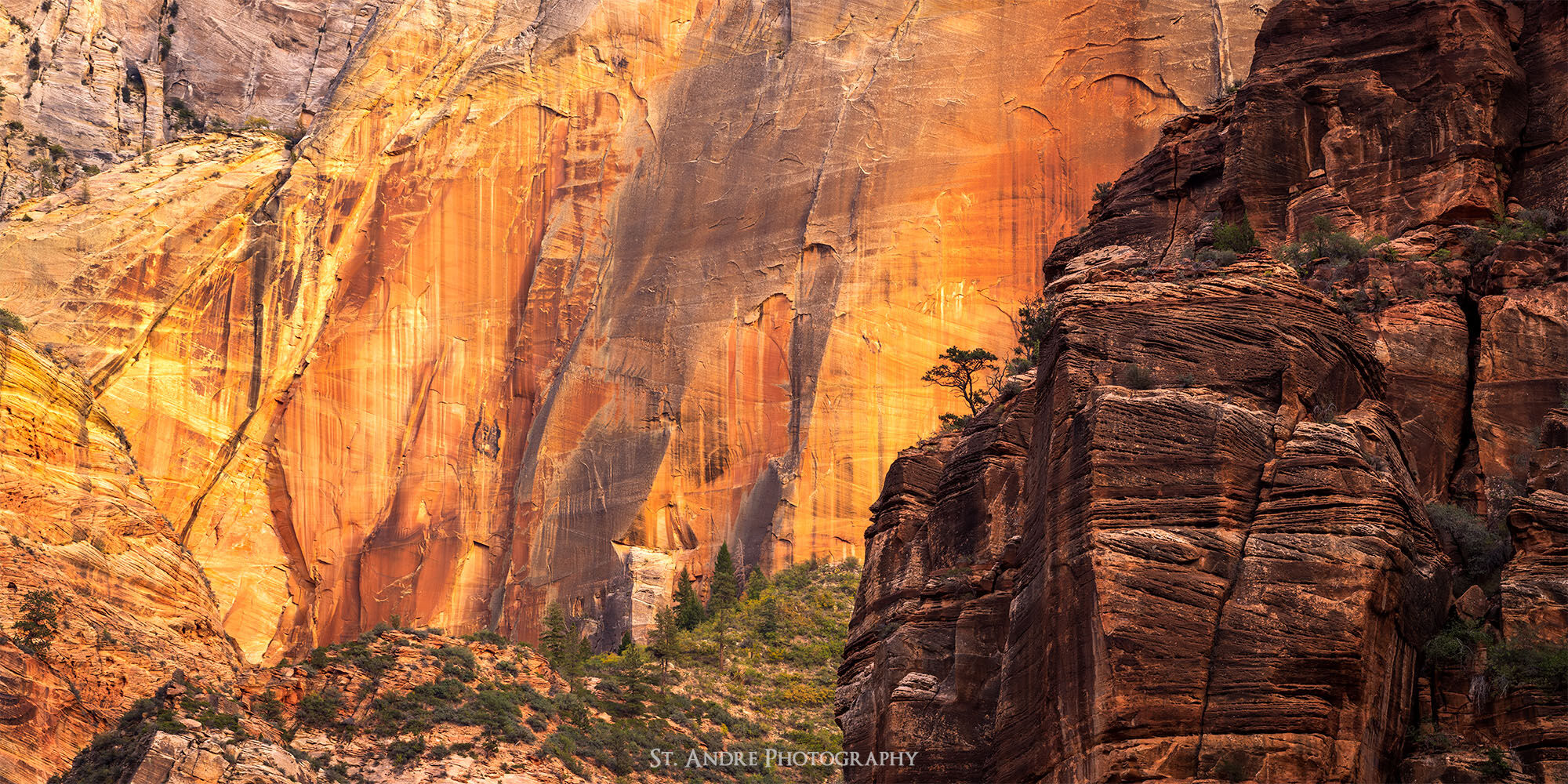Lit up canyons walls of Zion National Park near Big Bend, below Cable Mountain.