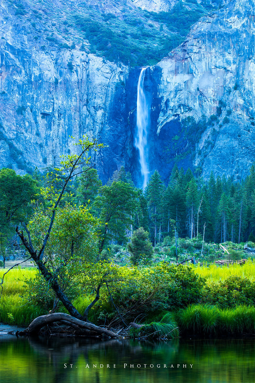 Bridal Veil Falls Bridal Veil Falls in Yosemite in the summer on a calm cool morning.
