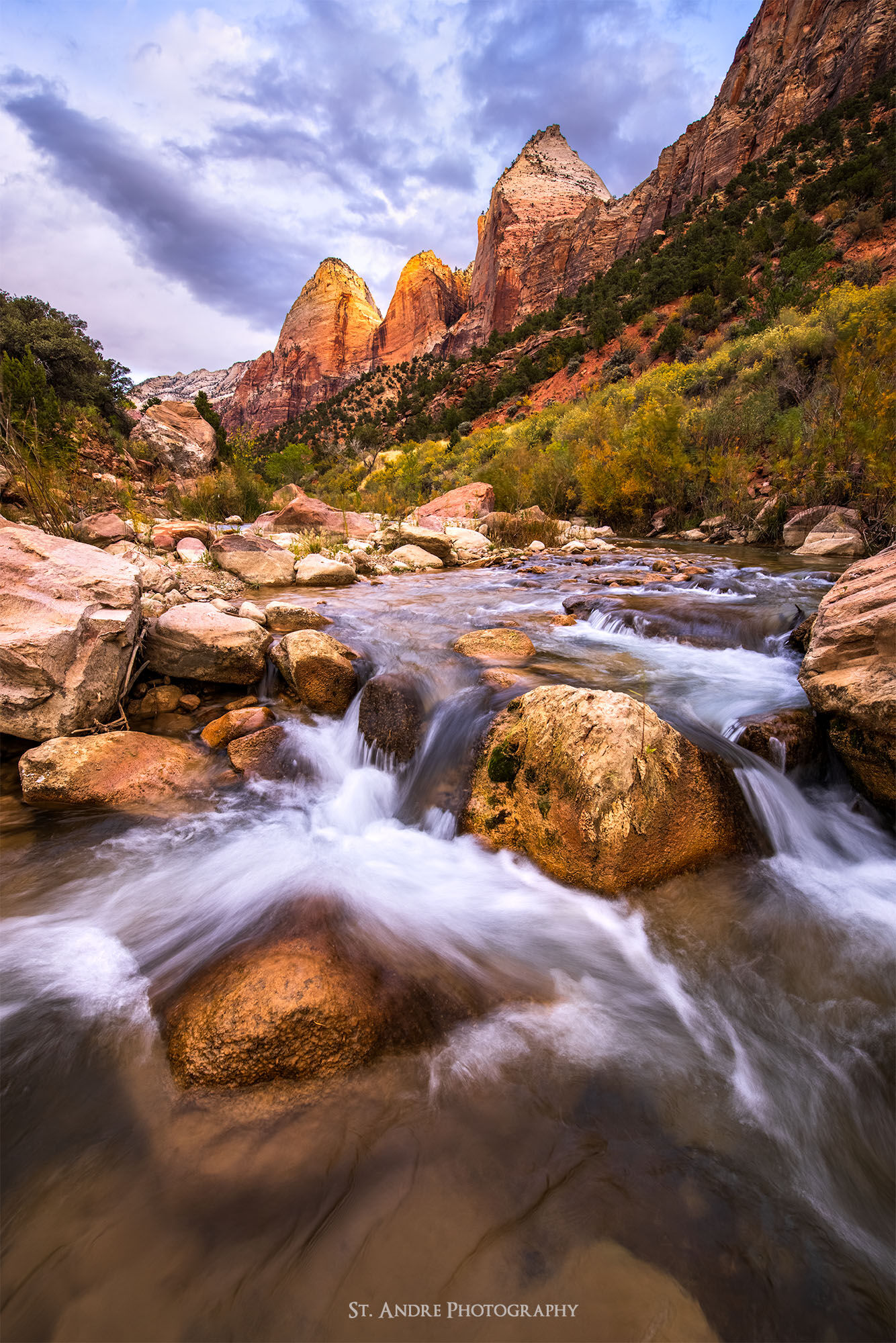 The Brothers Peaks in Zion National Park with the Virgin River flowing through the scene.
