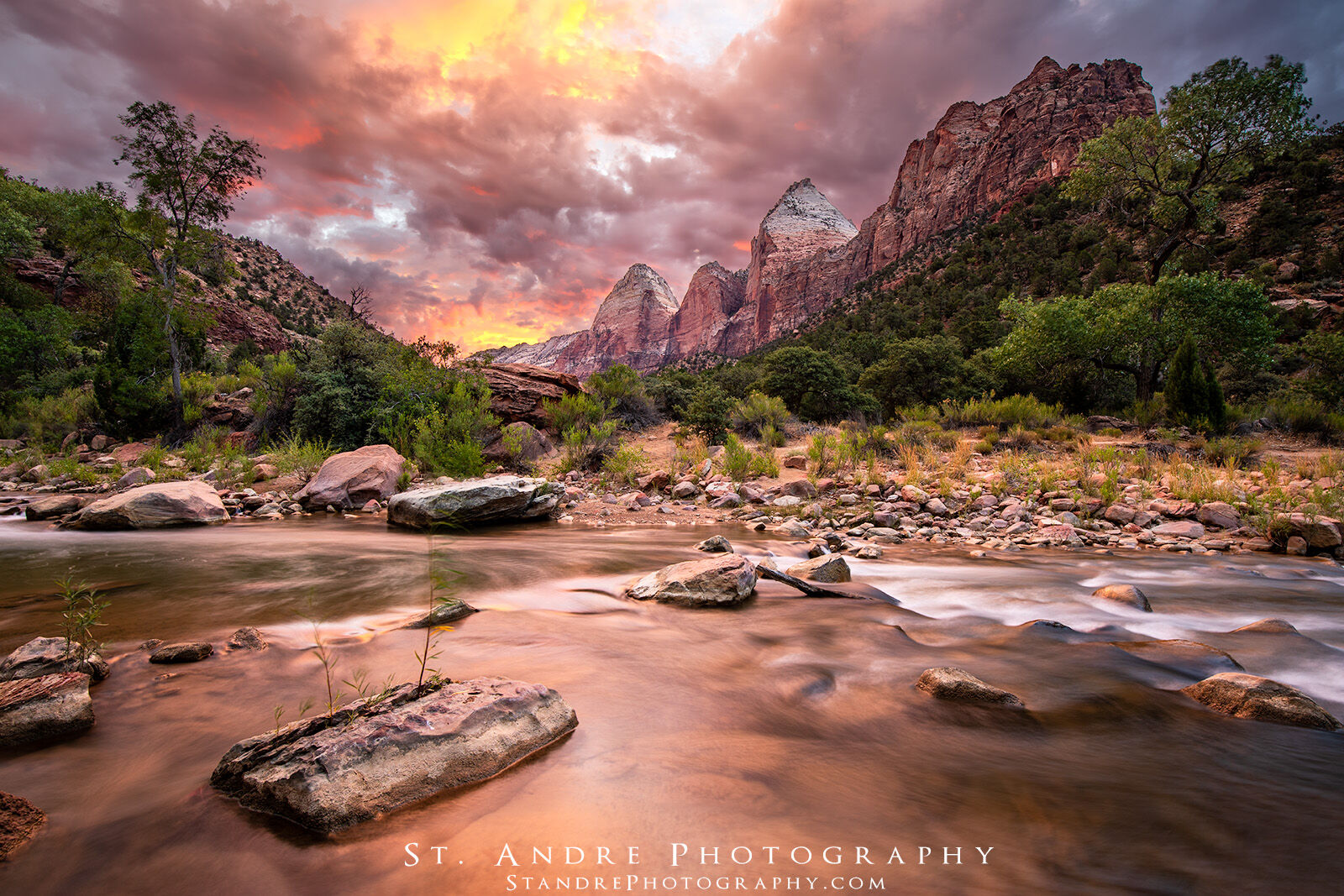 A series of peaks located in Zion National Park including Temple of the Sun, Two Brothers, and the East Temple. Peaks photographed with dramatic skies.