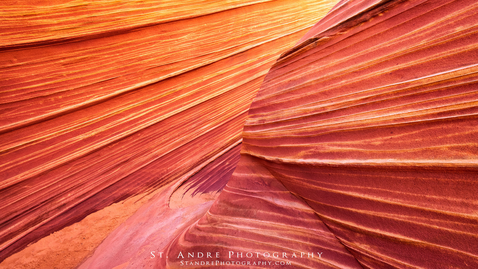 A slot canyon in the Wave in Arizona. Dramatic stripes collide in this image. 