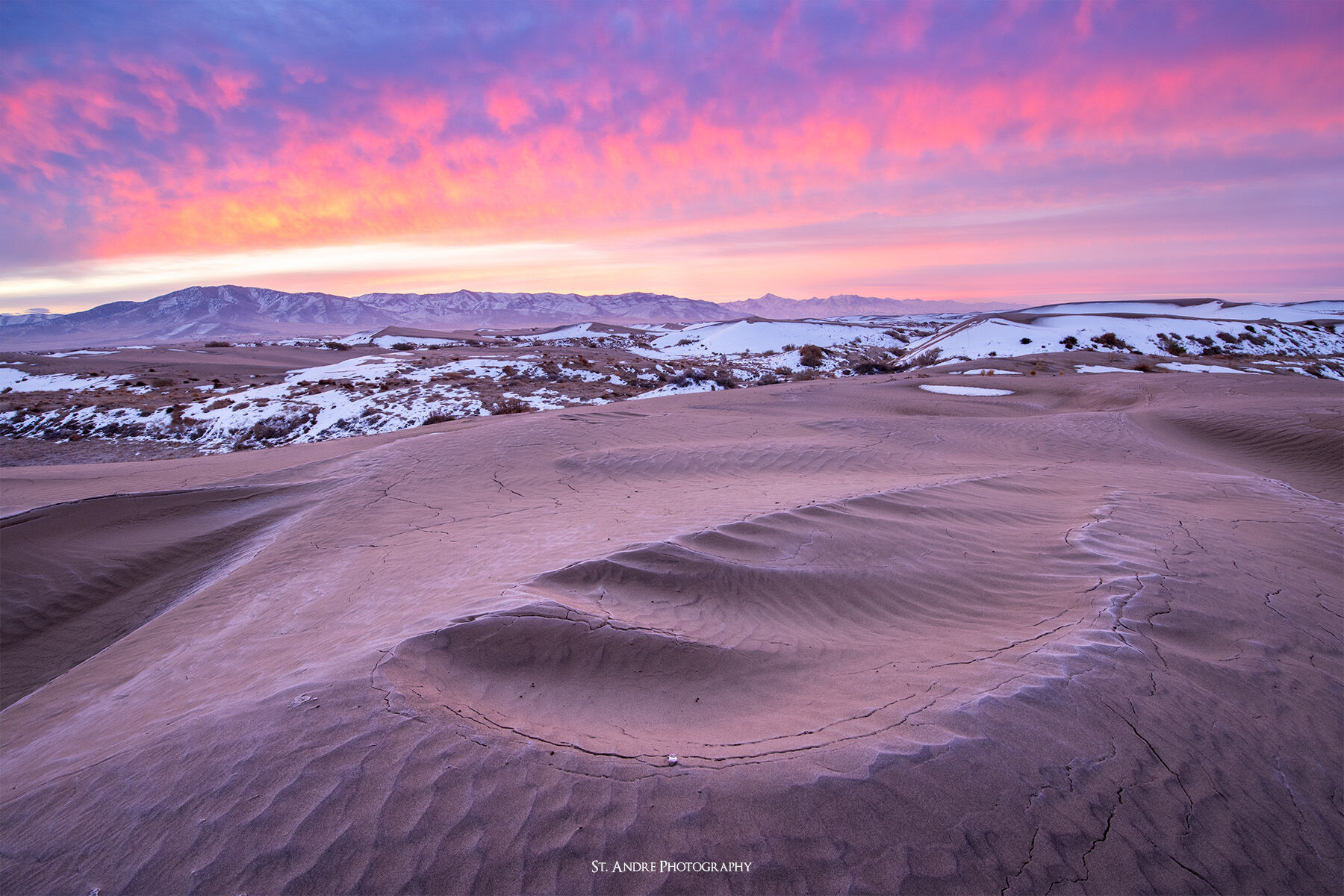Frozen sand dunes in the Little Sahara at sunrise