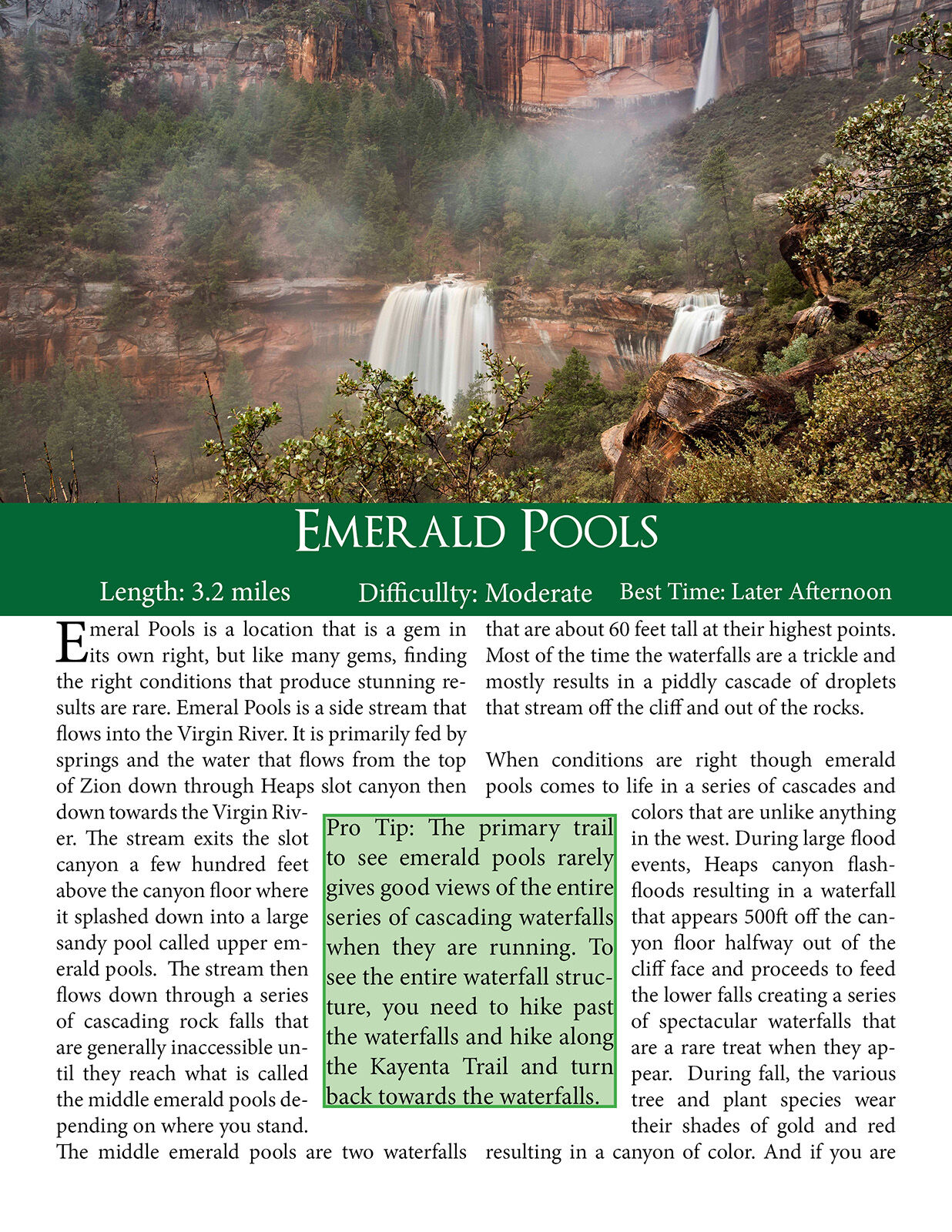 Sample page of the Emerald Pools Photography Guide